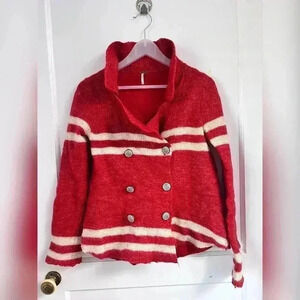 Free People Red White Double Breasted Nautical Wool Cardigan Sweater
